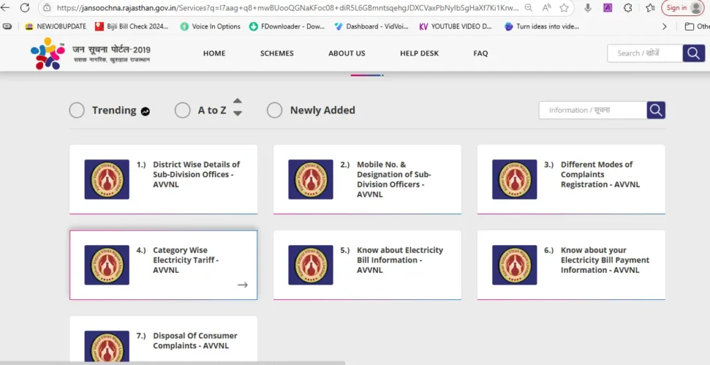 Ajmer Vidhut Vitran Nigam Ltd A to Z All Services Fee Details