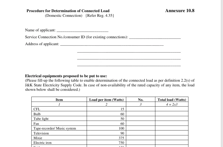Jammu & Kashmir Electricity Department Load Calculate As per Appliances